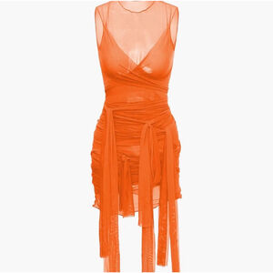 Micas Sheer Mesh Wrap Ribbon Tie Mini Dress - Orange